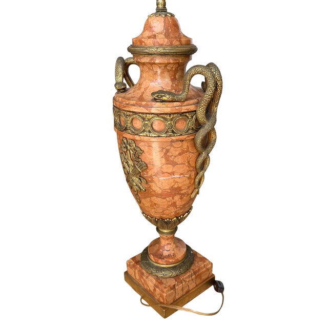 Pair of Antique Bronze Mounted Sienna Marble Serpent Table Lamps For Sale - Image 4 of 5
