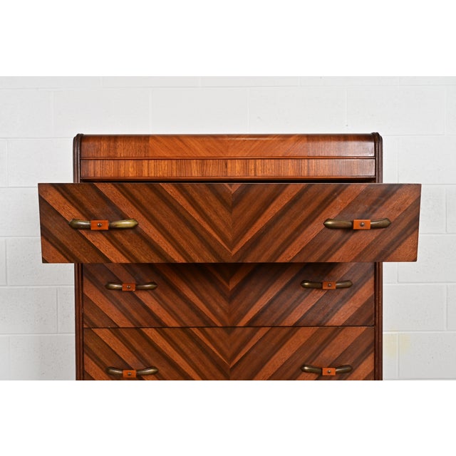 Wood Donald Deskey Style Antique Art Deco Inlaid Walnut Waterfall Highboy Dresser or Chest of Drawers, Circa 1930s For Sale - Image 7 of 12