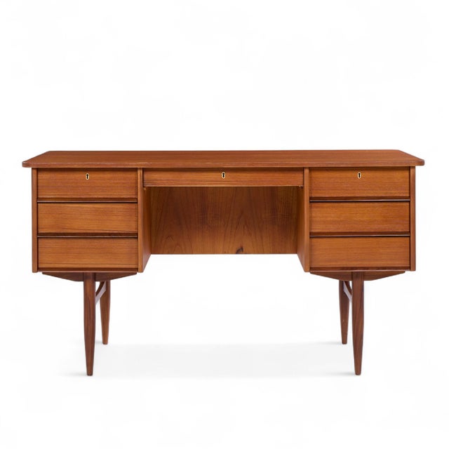 Maurice Villency Style Mid Century Teak Desk with Bookcase Front The desk measures: 52.5 wide x 26.25 deep x 28.75 high,...