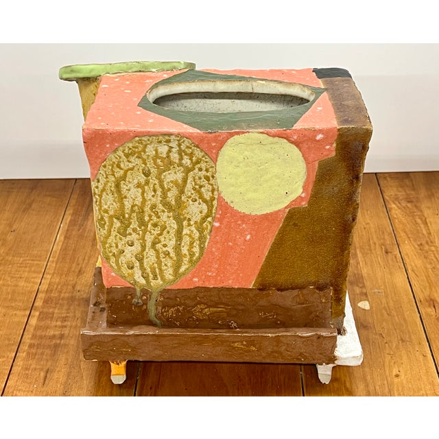 Signed “Gill” (2012) Sculptural Ceramic Vessel / Planter Polychrome Slab Built Studio Art John Gill For Sale - Image 11 of 13