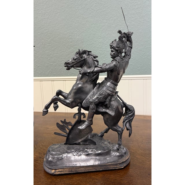 1920s Antique French Pair of Patinated Spelter Sculptures Knights on Horseback For Sale - Image 5 of 16