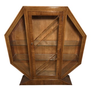 Art Deco Hexagonal Walnut Display Cabinet, 1920s-1930s For Sale