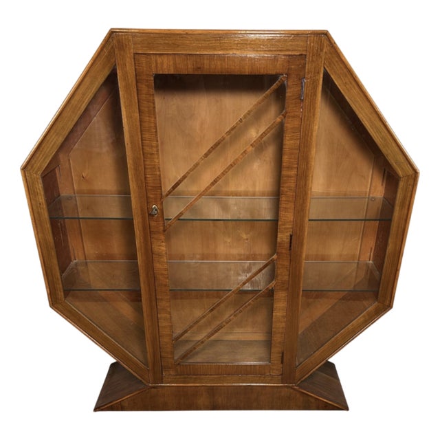 Art Deco Hexagonal Walnut Display Cabinet, 1920s-1930s For Sale