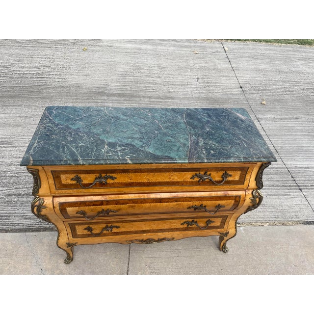 Wood Antique Italian Burlwood Bombe Commode Ormolu Green Marble For Sale - Image 7 of 11