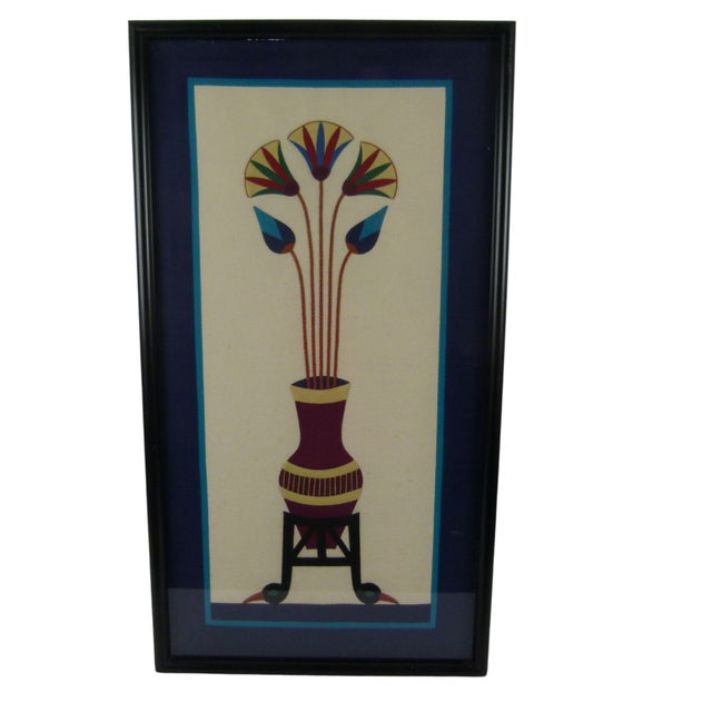 Vintage Egyptian Revival Cotton Appliqué Textile on Linen of Lotus Flowers in a Vase on an Ornate stand with Ibis Head...