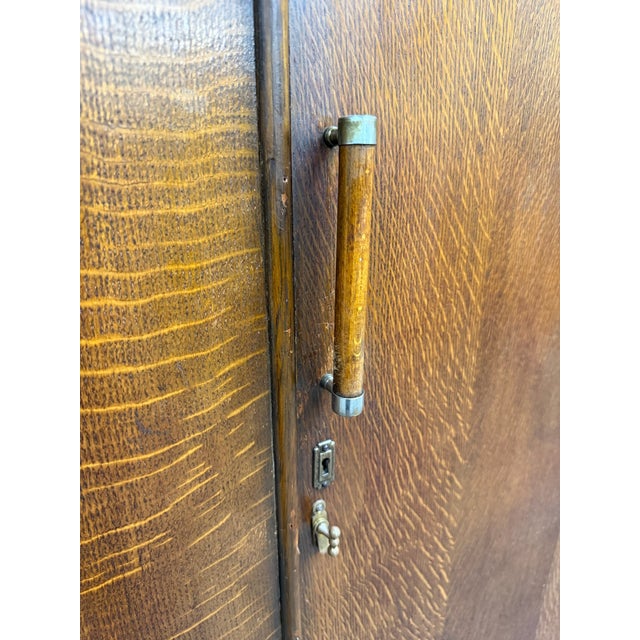 Mid 20th Century Vintage English Art Deco Quarter Sawn Tiger Oak Wardrobe For Sale - Image 5 of 15