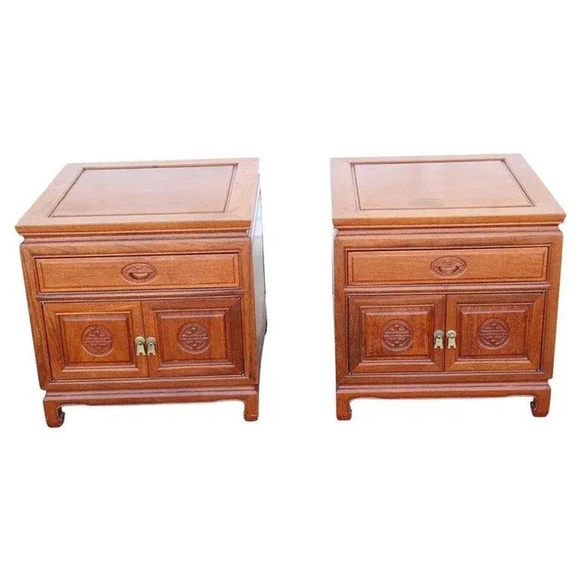 Mid 20th Century Pair Asian Rosewood Chinoiserie Nightstands For Sale - Image 9 of 10