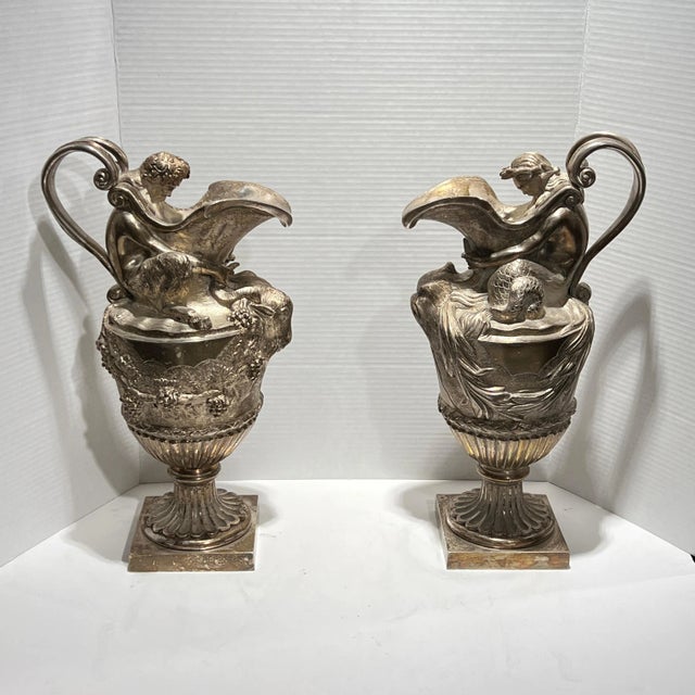 Metal 19th Century French Silvered Bronze Ewer Form Vases in Louis XVI Style - A Pair For Sale - Image 7 of 12
