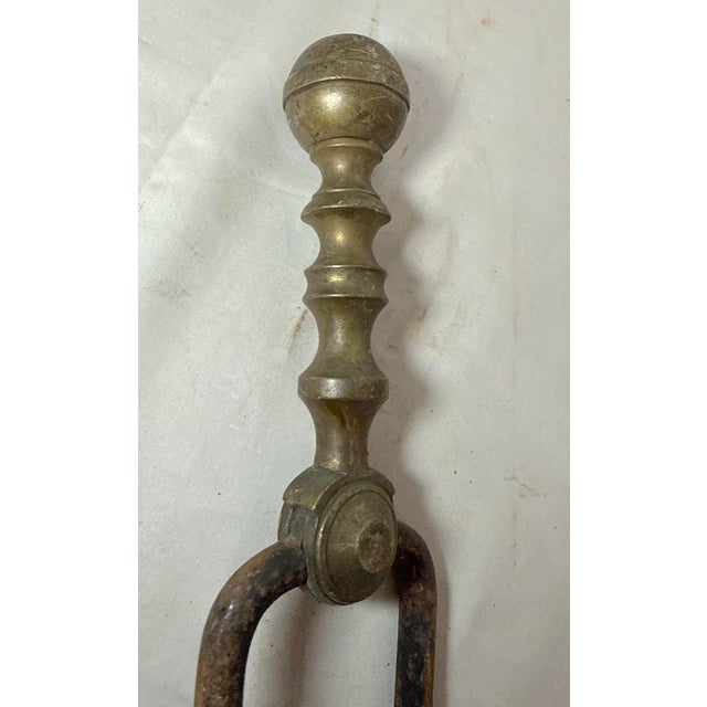 18th Century Antique 18th Century Wrought Iron Turned Brass English Fireplace Tongs Tool 25 For Sale - Image 5 of 9