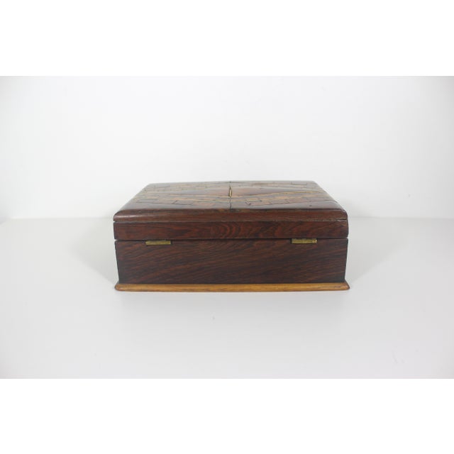 Antique Wood Inlay Box, Hinged Lid Exotic Wood, Brown Inlaid Trinket, Jewelry For Sale - Image 6 of 12