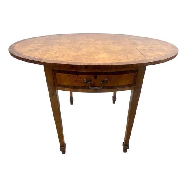 English George III Style Pembroke Burl Wood Table W Twin Drop-Leaf Sides For Sale