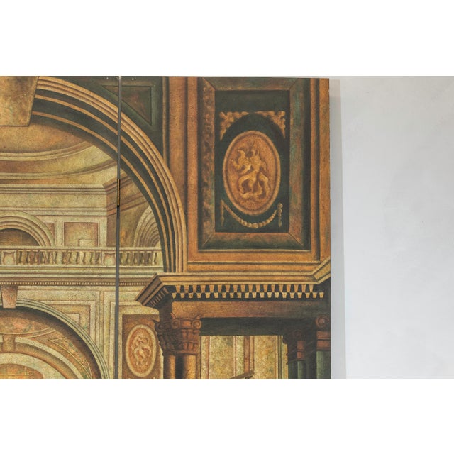 Vintage Painted Three-Panel Folding Screen with Trompe-l’Œil Palace Interior and Throne Scene For Sale - Image 11 of 12