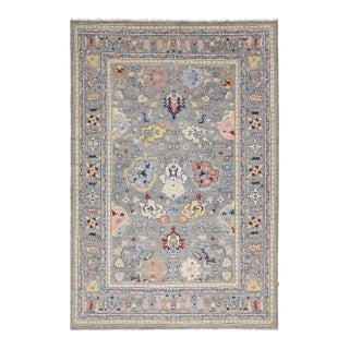 Contemporary Modern Oushak Style Hand-Knotted Wool Rug in Slate Grey & Pastel For Sale