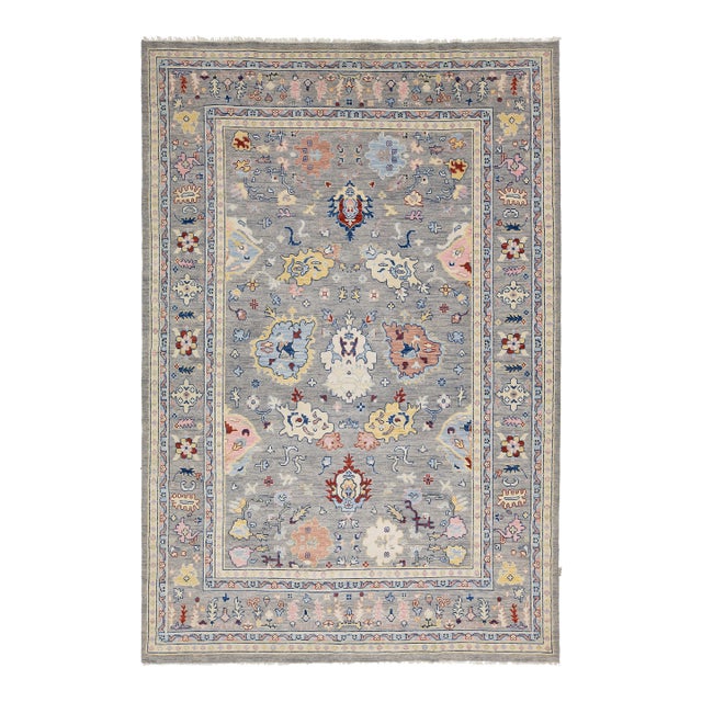 Contemporary Modern Oushak Style Hand-Knotted Wool Rug in Slate Grey & Pastel For Sale