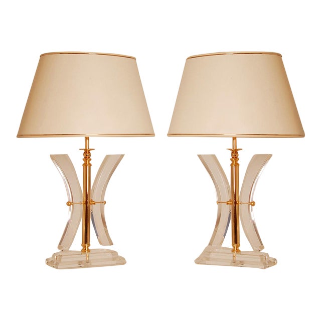 Vintage Table Lamps Crystal Gold Acrylic Kuatra Spainish Lamps Mid Century Perspex a Pair For Sale
