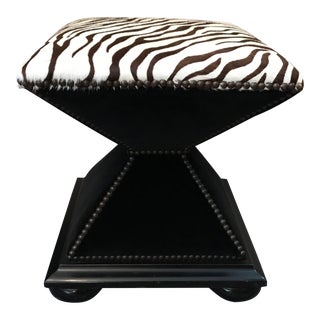 Baker Furniture Hourglass Cowhide Zebra Print and Velvet Ottoman With Brass Nail Head Trim For Sale