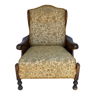 Mid-Century Solid Wood and Fabric Wing Back Leisure Lounge Chair with Scroll Arms For Sale