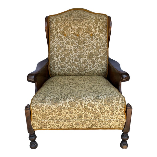 Mid-Century Solid Wood and Fabric Wing Back Leisure Lounge Chair with Scroll Arms For Sale