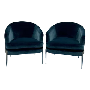 Mod Navy Blue Velvet Accent Chairs Pair