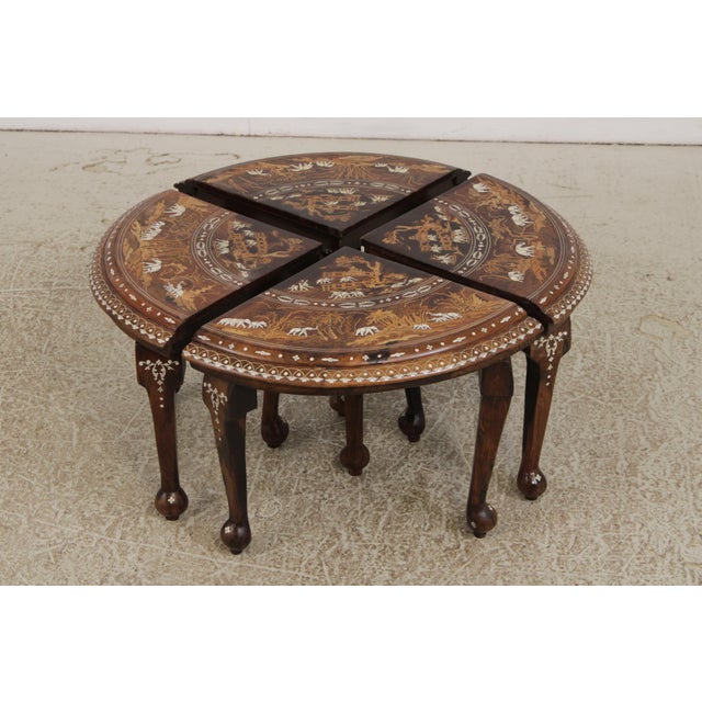 Vintage Anglo Indian Round Inlaid Coffee Table W. 4 Stools For Sale - Image 10 of 18