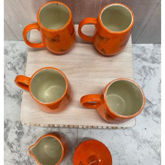 Folk Art Vintage 1960's Mid Century Modern Cottage Core Butterfly Coffee Mugs & Creamer Sugar Bowl Set - Set of 6 For Sale - Image 3 of 14