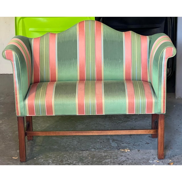 Vintage Southwood Camel Back Sofa Settee with cotton matelasse slipcover. This is the perfect size for the end of a bed or...