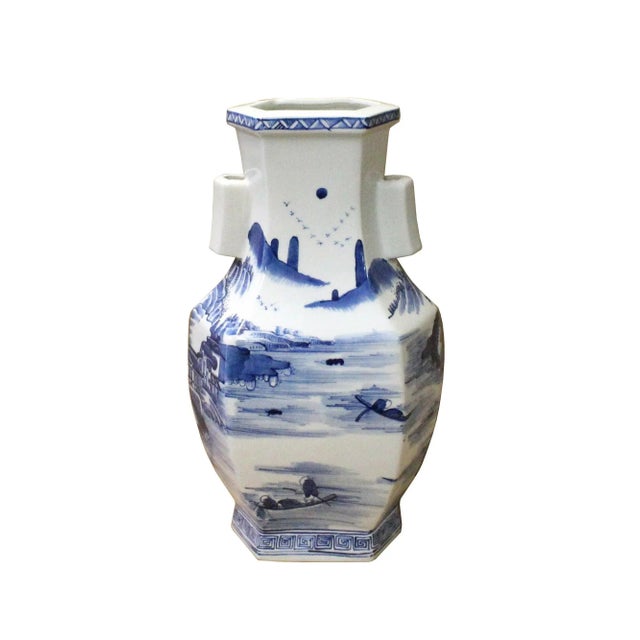 Chinese Chinese Blue & White Porcelain Oriental Mountain Scenery Graphic Vase For Sale - Image 3 of 7