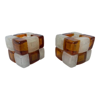Pair of Amber Glass Cube Lamps, Italy, 1970s For Sale