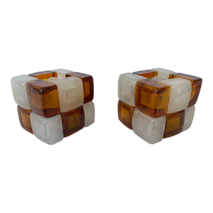 Pair of Amber Glass Cube Lamps, Italy, 1970s