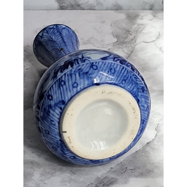 Flow Blue Porcelain Vase With Traditional Asian Landscape For Sale - Image 4 of 12