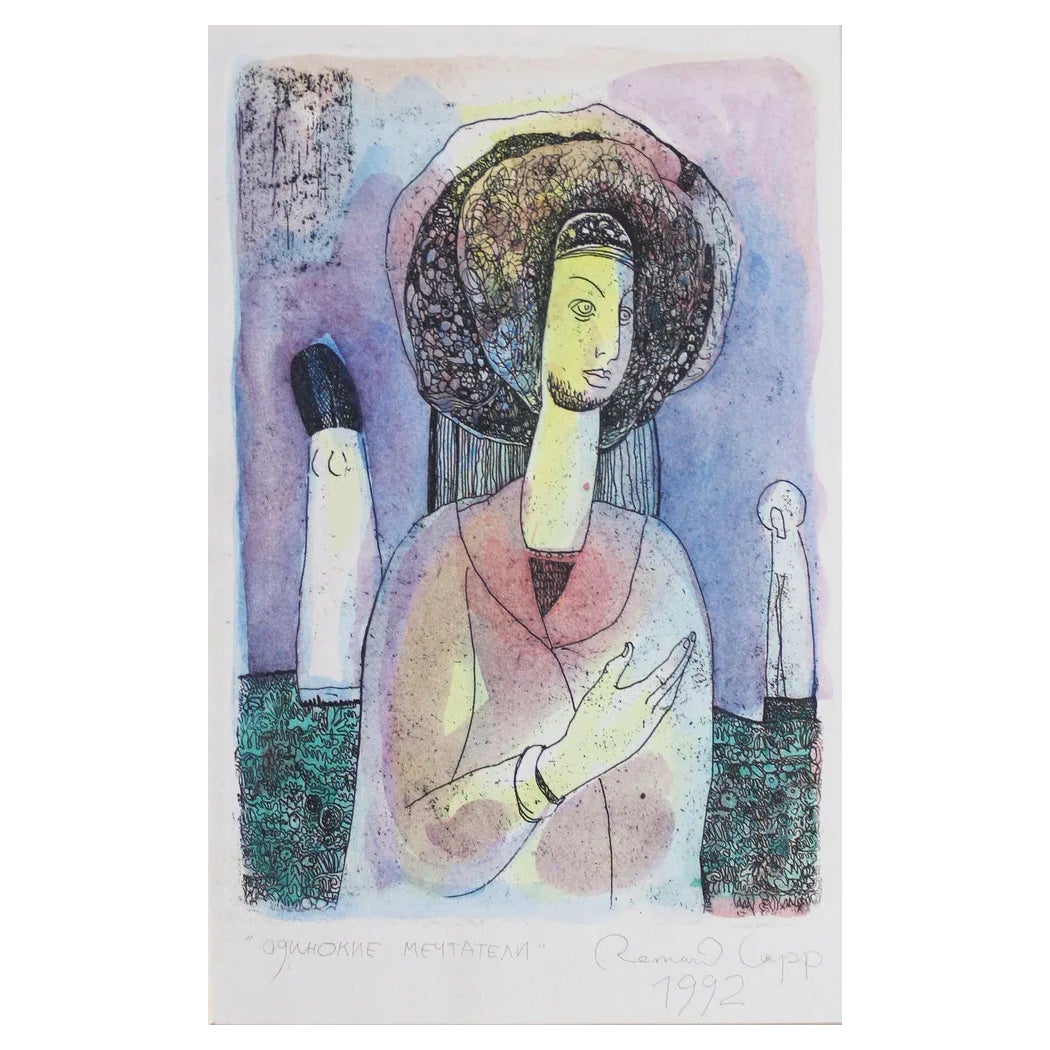 Roman Lapp, Lonely Dreamers, 1992, Etching & Watercolor | Chairish