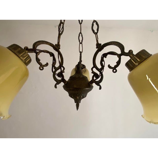 Vintage Art Nouveau Revival Three-Light Chandelier with Opaline Glass Shades, Yugoslavia, 1960s For Sale - Image 10 of 12