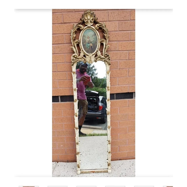 Glass Louis XVI Style Enamel, Gilt Decorated and Signed Hand Painted Trumeau Mirror For Sale - Image 7 of 7