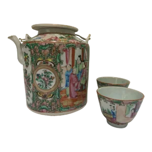 19th Century Antique Chinese Porcelain Rose Medallion Tea Pot and 2 Teacups