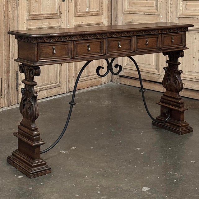 Mid Century Spanish Walnut Sofa Table ~ Console With Hand Forged Iron Stretcher For Sale - Image 4 of 18