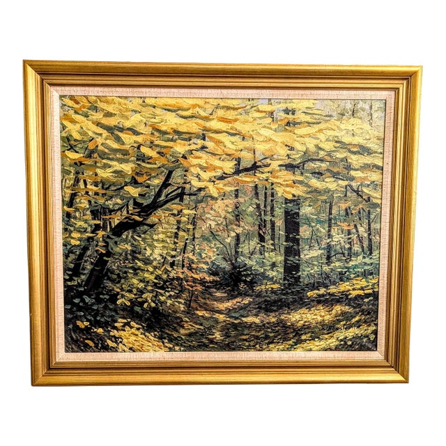Large Mid-Century Impressionist Autumn Forest Oil Painting – In the Style of R. Hessler For Sale