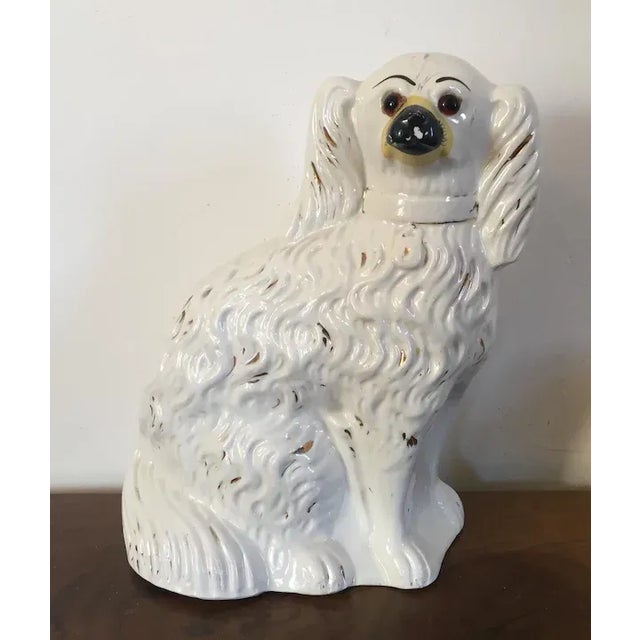 Victorian Large 19th Century English Victorian Staffordshire Pearlware Spaniel Dog with Glass Eyes For Sale - Image 3 of 11