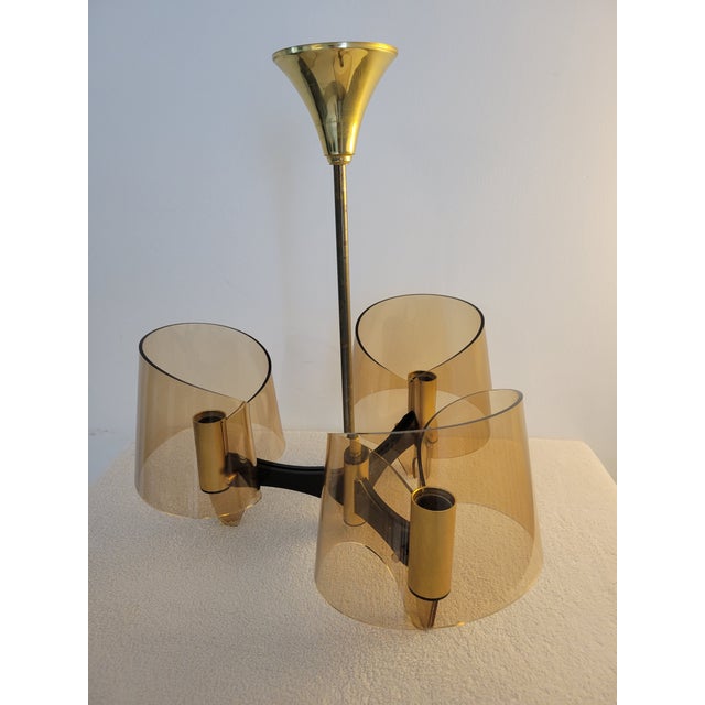 1970s French Space Age Amber Glass & Brass Chandelier Set by Michel Dumas - a Pair For Sale - Image 6 of 15