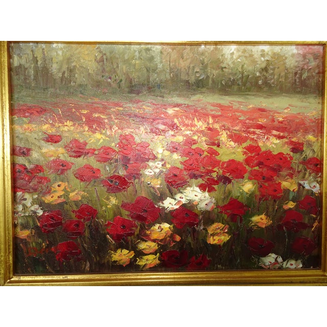 Vintage Oil on Canvas Red Field of Flowers Painting Picture in Gold Frame For Sale - Image 4 of 16