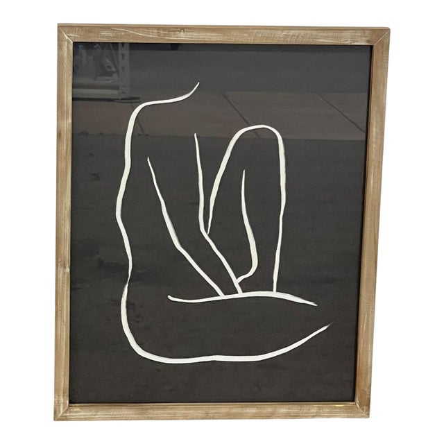 1970s Framed Minimalist Abstract White Line Figure Artwork on Black Background. For Sale