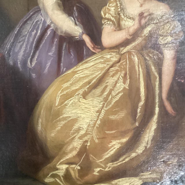 Antique Painting on Canvas Interior Scene With Two Women For Sale - Image 4 of 12