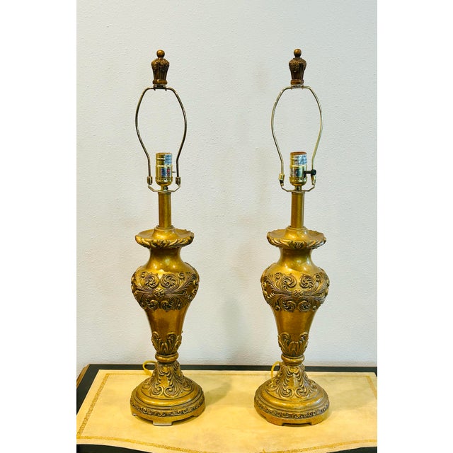 Metal Late 20th Century Pair Berman Hollywood Regency Gilded Lamps For Sale - Image 7 of 9