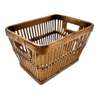 Vintage Woven Wood & Rattan Storage Basket With Handles – Rustic Kitchen, Pantry or Countertop Organizer For Sale