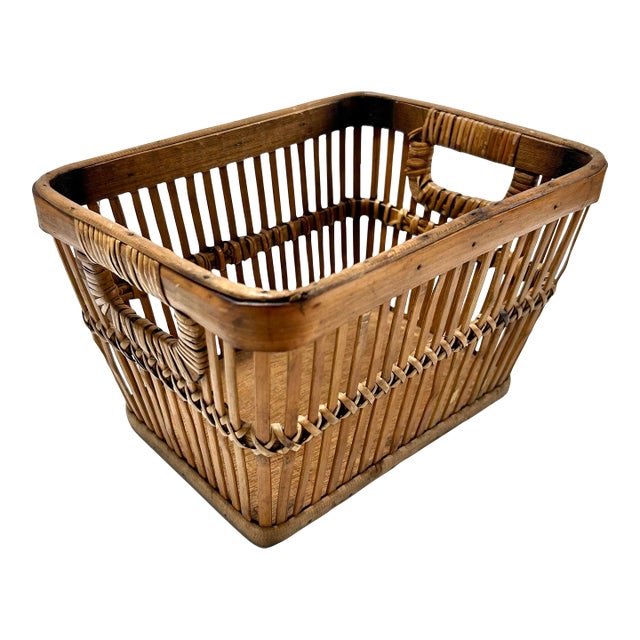 Vintage Woven Wood & Rattan Storage Basket With Handles – Rustic Kitchen, Pantry or Countertop Organizer For Sale