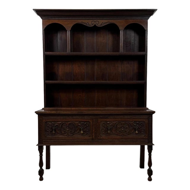 Antique 19th Century English Oak Dresser with Carved Decoration For Sale