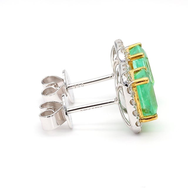 Contemporary 2.60 Carat Emerald Cut Emerald and Diamond Halo 18k Two Tone Gold Stud Earrings, Pair For Sale - Image 3 of 9