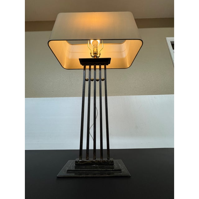 Brown Late 20th Century Tanner Kenzie Sculpted Iron Craftsman Table Lamp For Sale - Image 8 of 12