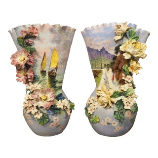 Pair of Circa 1890 Hand Painted French Gros-Relief Blue Ground Barbotine Vases For Sale
