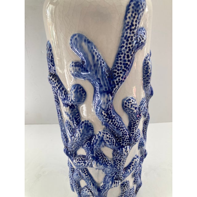 Blue Coral on White Glazed Ceramic Vase For Sale In Los Angeles - Image 6 of 9