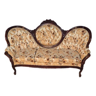 Vintage Kimball Victorian Style Carved Wood Triple Back Settee Sofa For Sale